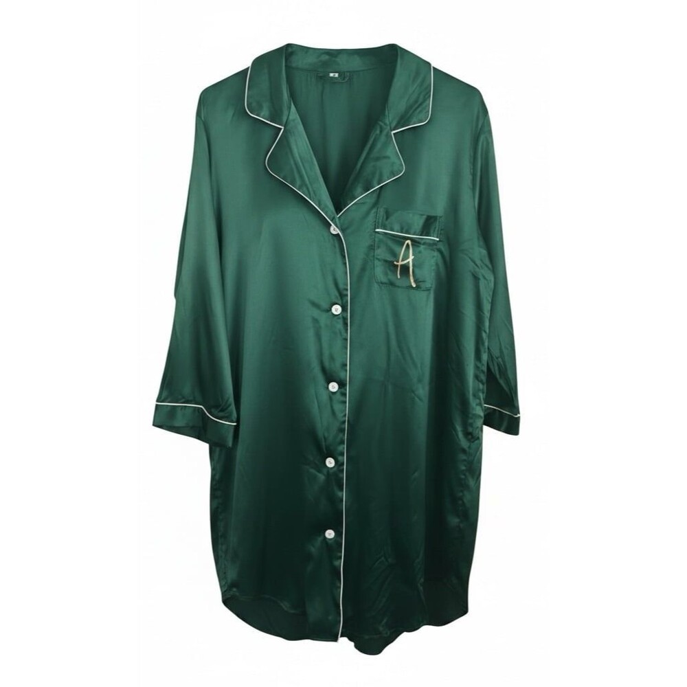 Luxe Emerald Green Satin Button-Down Nightshirt – Long Sleeve – Monogrammed "A"